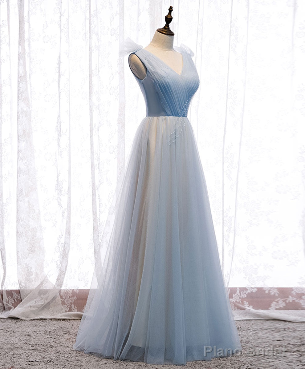 Simple Blue V Neck Tulle Long Prom Dress, Blue Formal Party Dresses Main image
