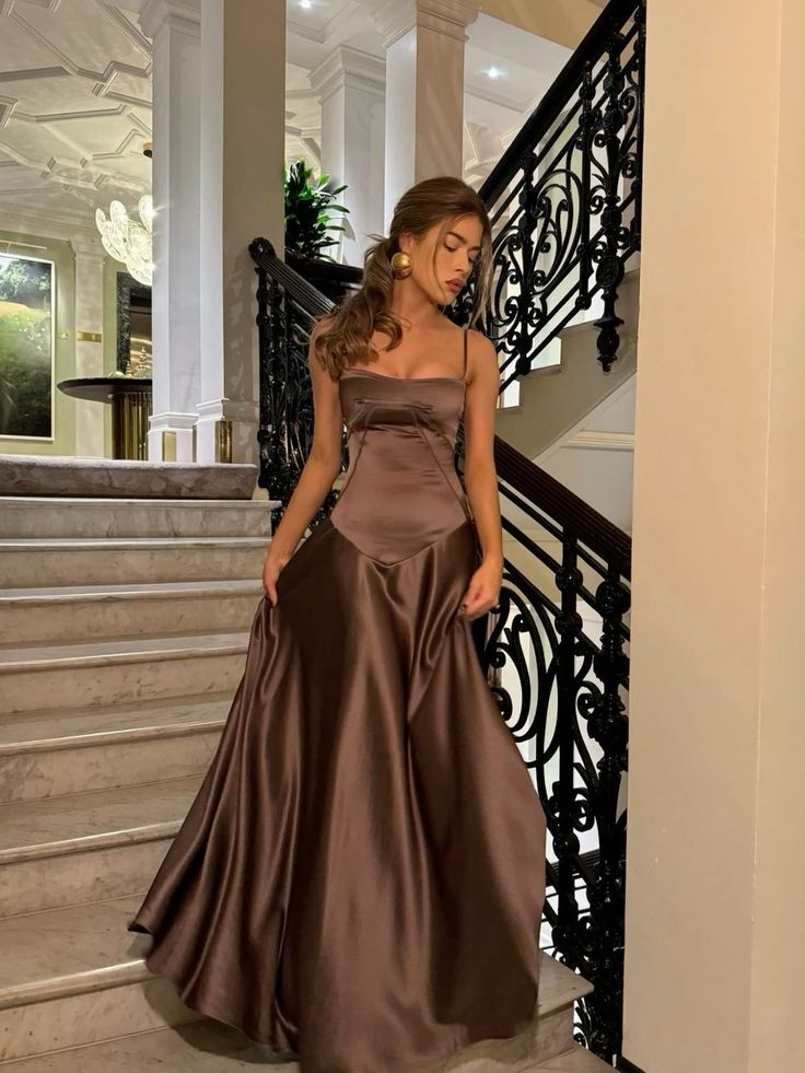 Simple Brown Spaghetti Straps A Line Formal Prom Dresses Party Dresses Secondary image