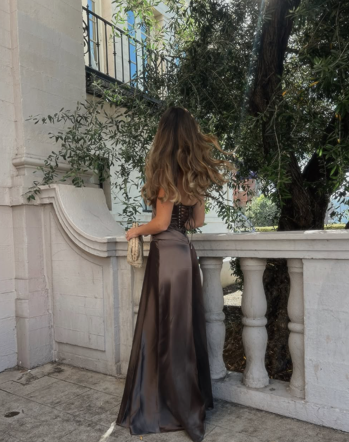 Simple Brown Spaghetti Straps A Line Formal Prom Dresses Party Dresses