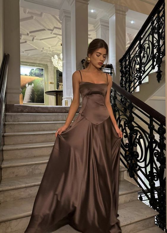 Simple Brown Spaghetti Straps A Line Formal Prom Dresses Party Dresses Main image