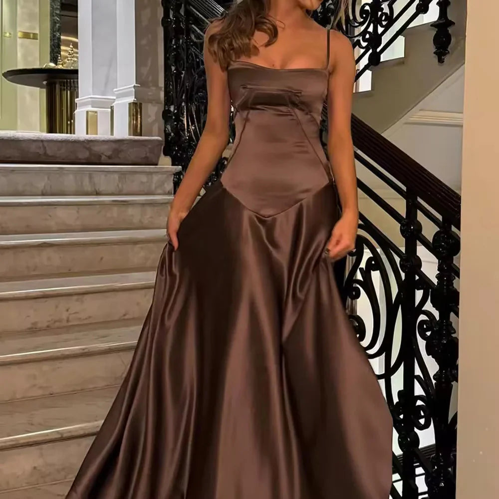 Simple Brown Spaghetti Straps A Line Formal Prom Dresses Party Dresses