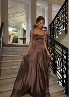 Simple Brown Spaghetti Straps A Line Formal Prom Dresses Party Dresses