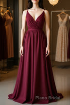 Simple burgundy chiffon lace long Formal Prom dress, burgundy evening dress