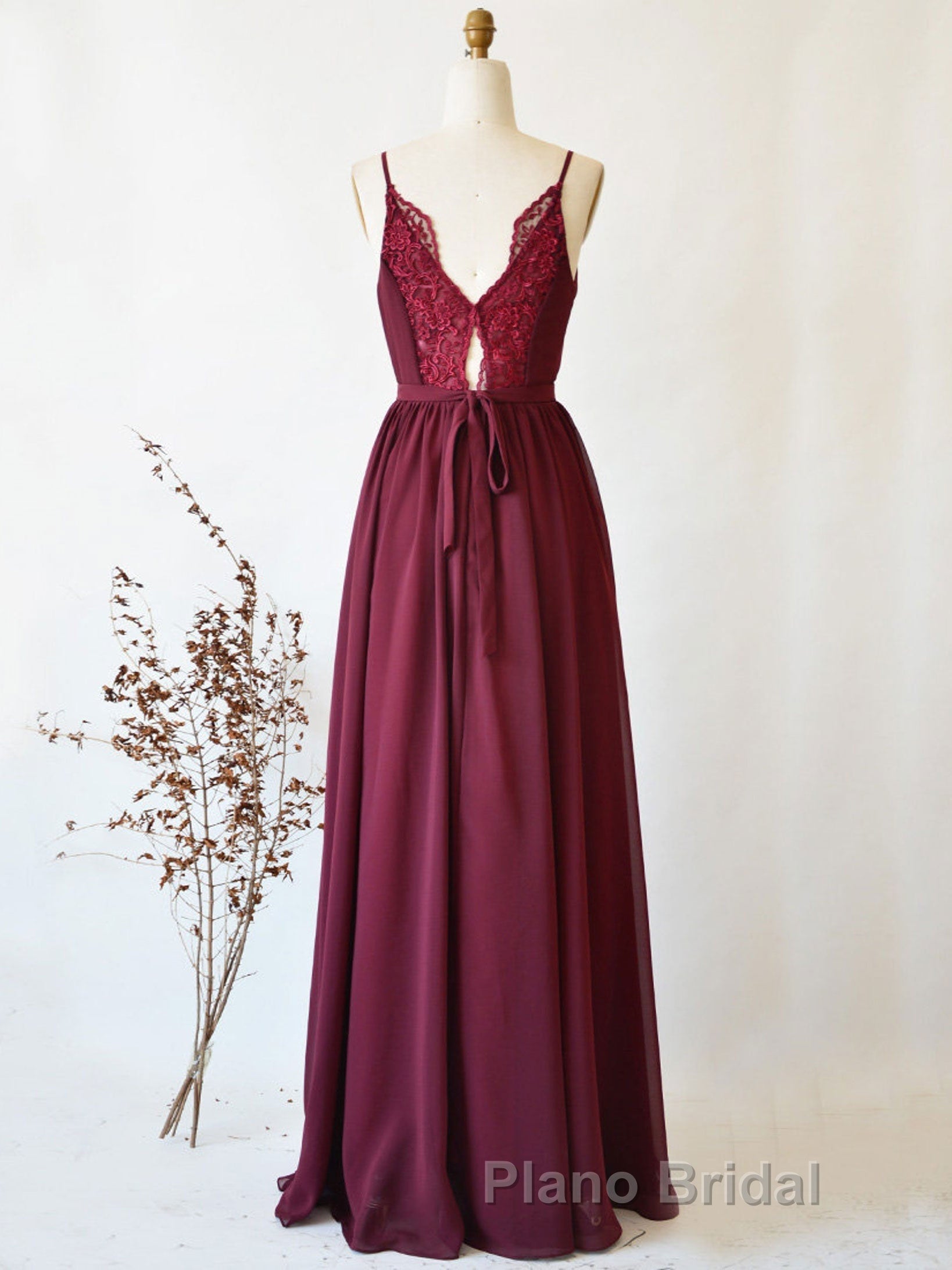 Simple burgundy chiffon lace long Formal Prom dress, burgundy evening dress