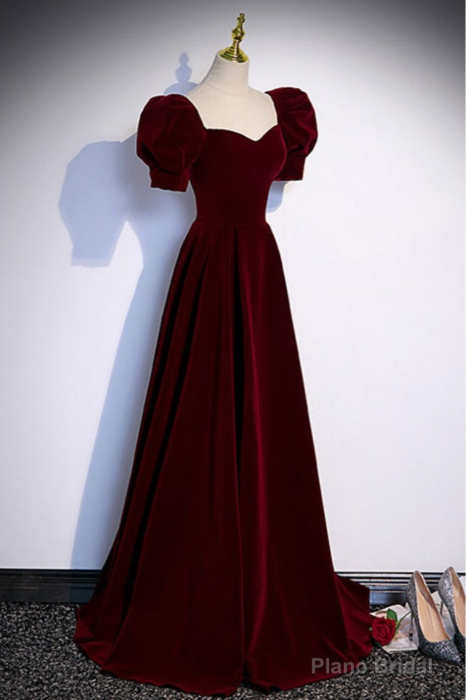 Simple Burgundy Long Velvet Prom Dress with Short Sleeves