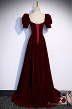 Simple Burgundy Long Velvet Prom Dress with Short Sleeves
