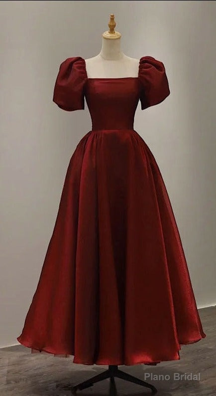 Simple Burgundy Prom Dress Square Neck Tea Length Graduation Dresses