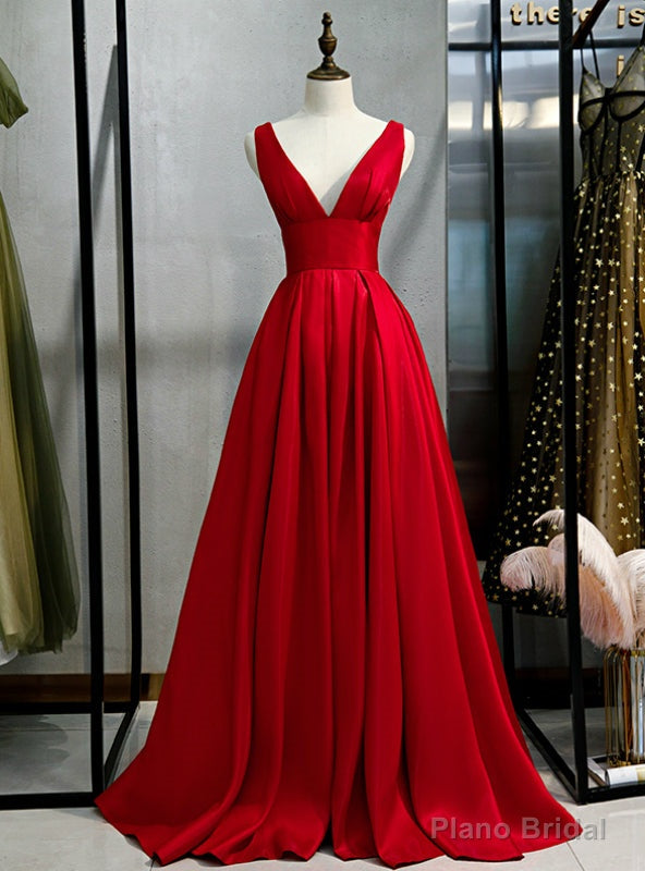 Simple Burgundy Satin Deep V-neck Backless Prom Dress Main image