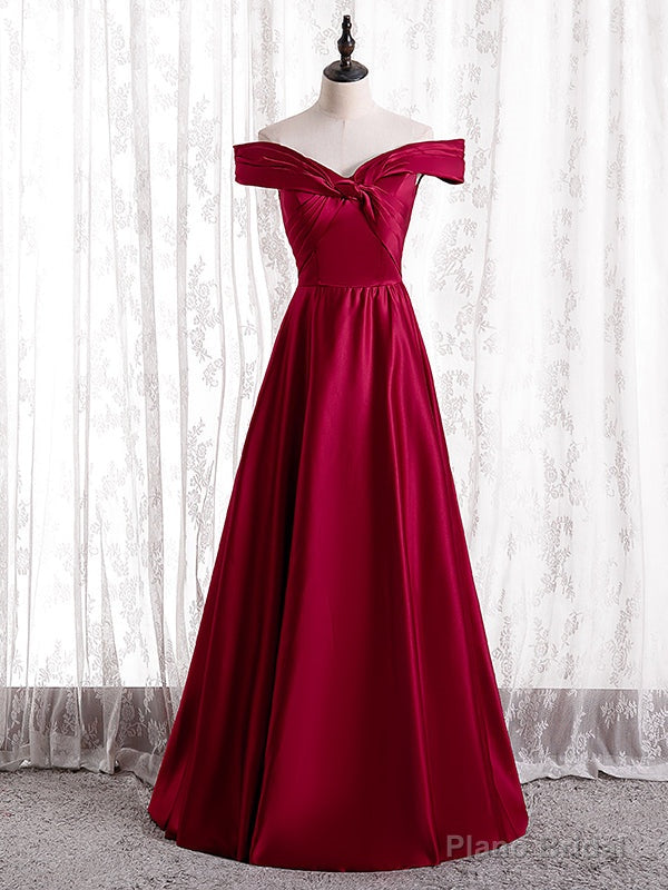 Simple Burgundy Satin Off the Shoulder Pleats Prom Dress