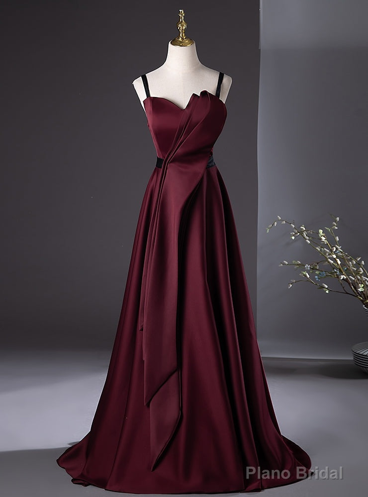 Simple Burgundy Satin Spaghetti Straps Pleats Prom Dress