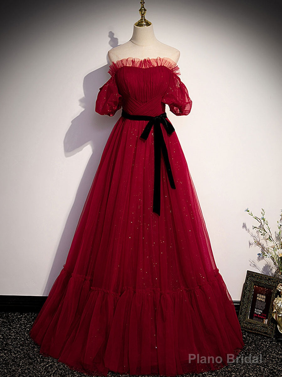 Simple Burgundy Tulle Long Prom Dress, A line Burgundy Evening Dresses Main image