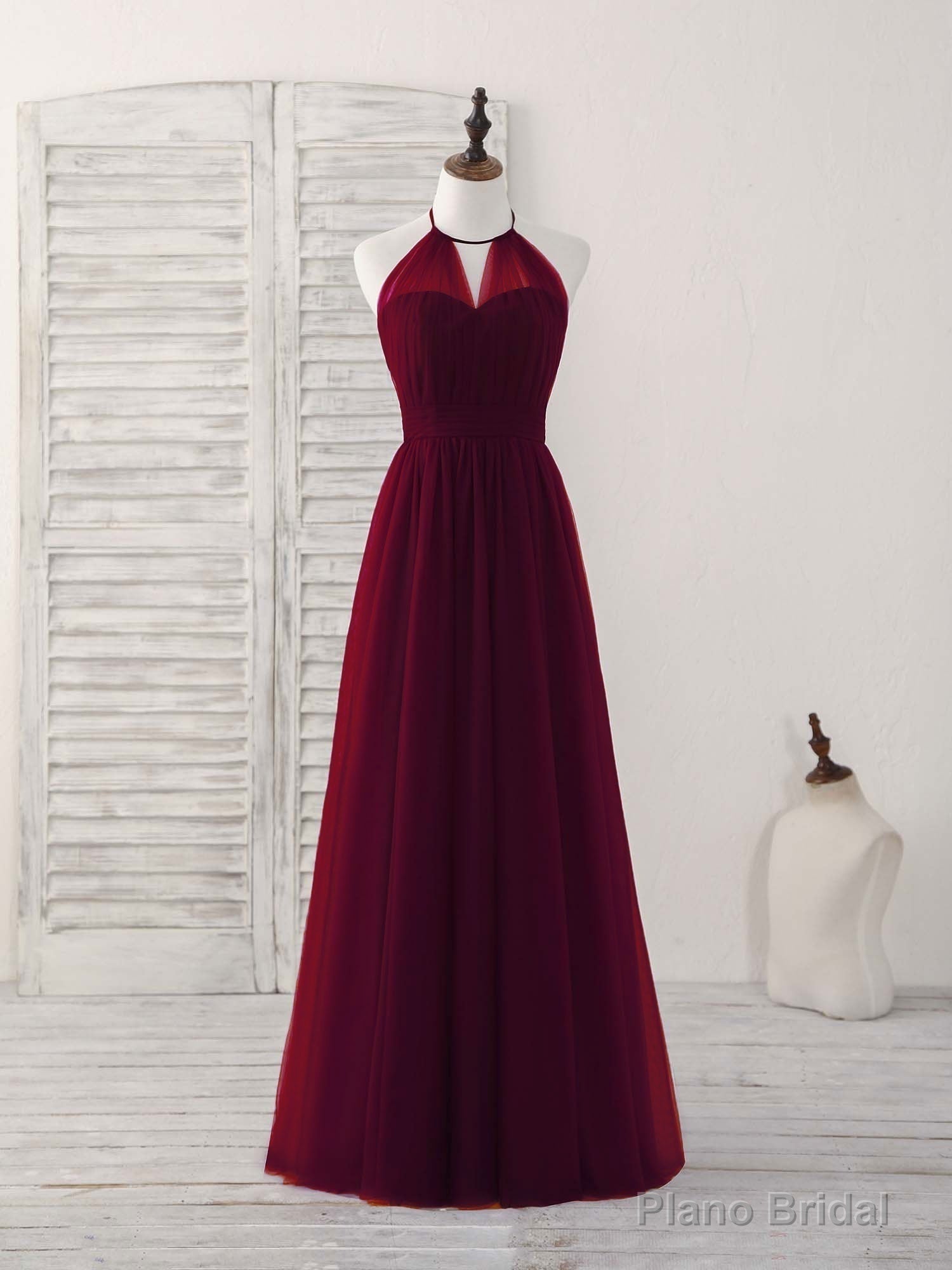 Simple Burgundy Tulle Long Prom Dress, Burgundy Bridesmaid Dress Main image