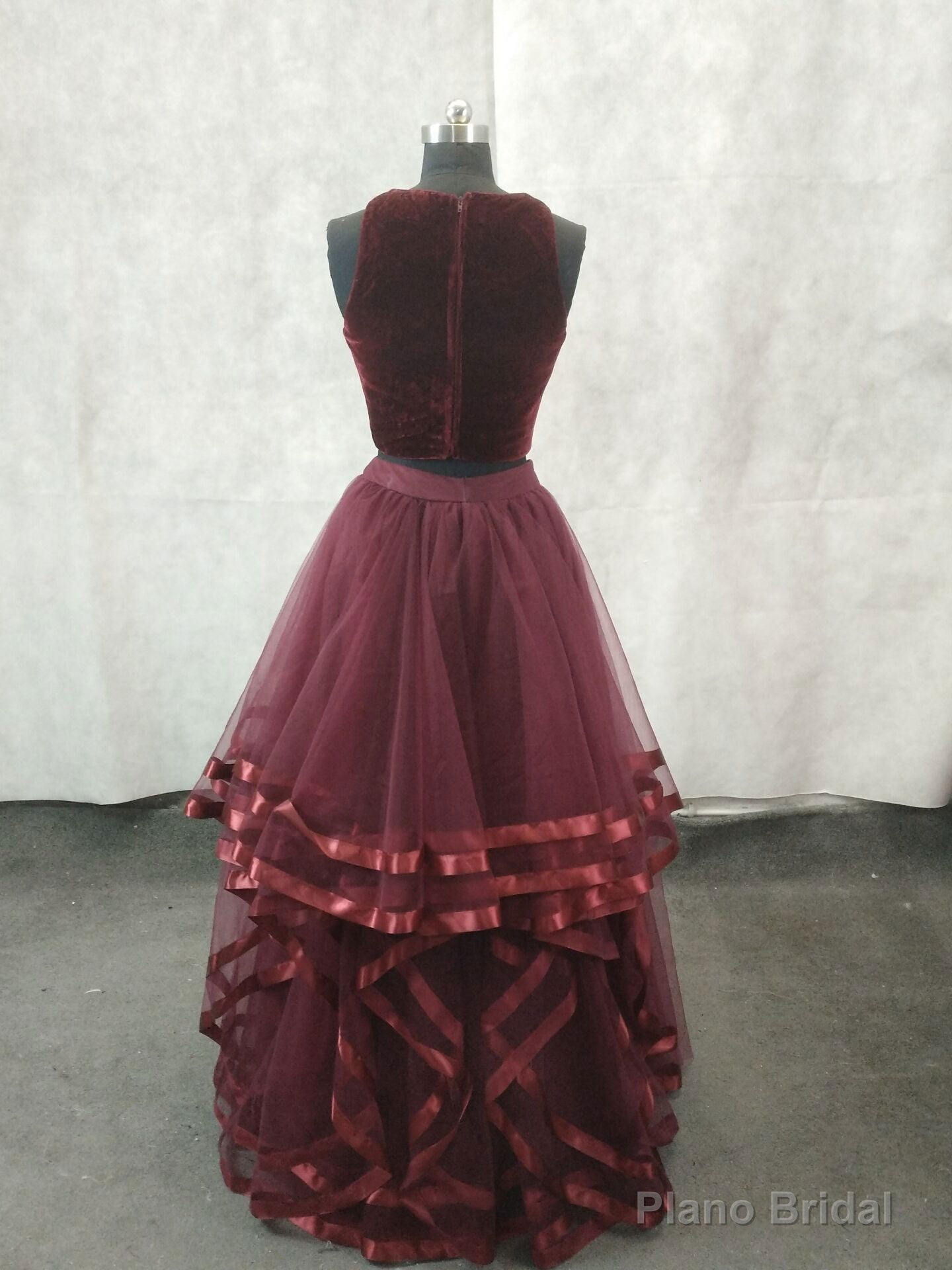 Simple Burgundy Two Pieces Tulle Long Prom Dress, Burgundy Evening Dress Secondary image