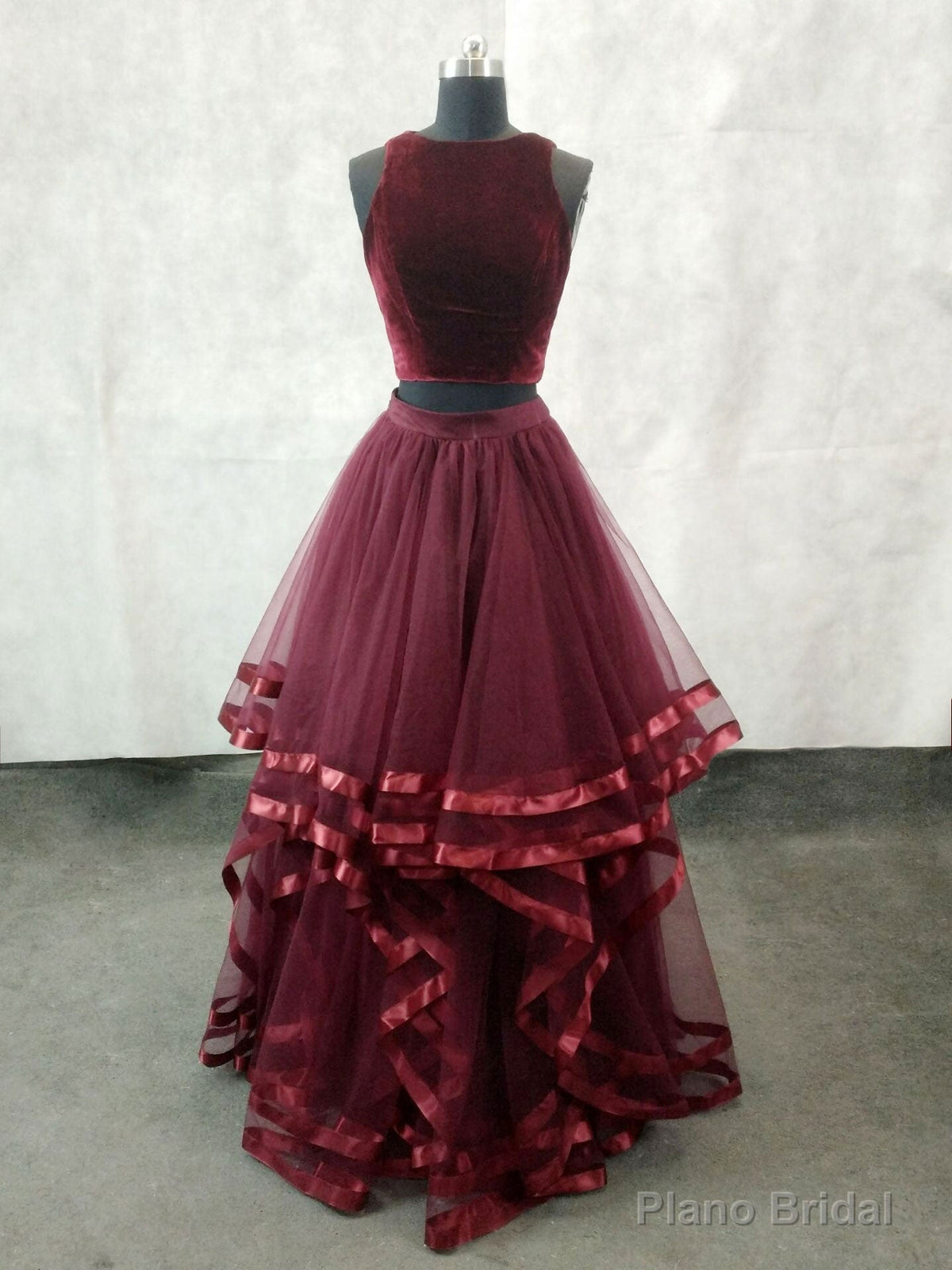 Simple Burgundy Two Pieces Tulle Long Prom Dress, Burgundy Evening Dress Main image