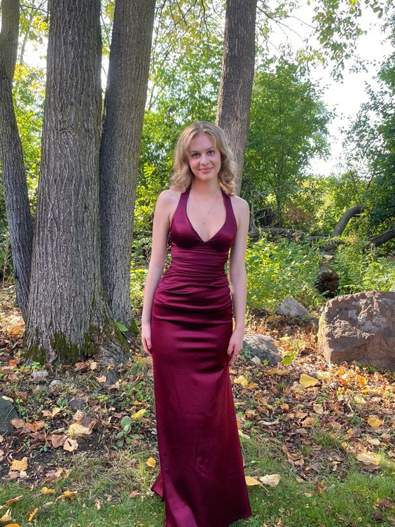 Simple Burgundy V Neck Long Party Dresses Formal Prom Dresses