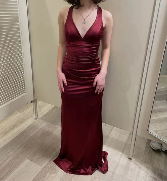 Simple Burgundy V Neck Long Party Dresses Formal Prom Dresses