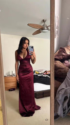 Simple Burgundy V Neck Long Party Dresses Formal Prom Dresses
