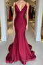 Simple burgundy v neck satin mermaid long Formal Prom dress burgundy evening dress