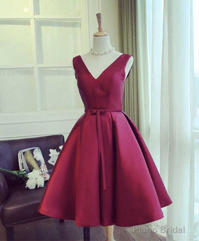 Simple Burgundy V Neck Short Prom Dress, Burgundy Evening Dress Main image
