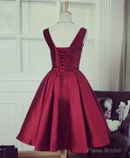 Simple Burgundy V Neck Short Prom Dress, Burgundy Evening Dress