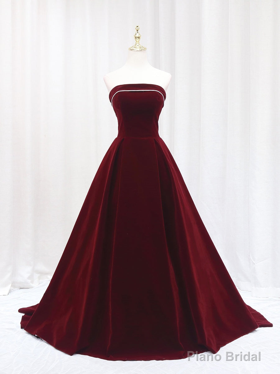 Simple Burgundy Velvet Strapless Prom Dress Main image