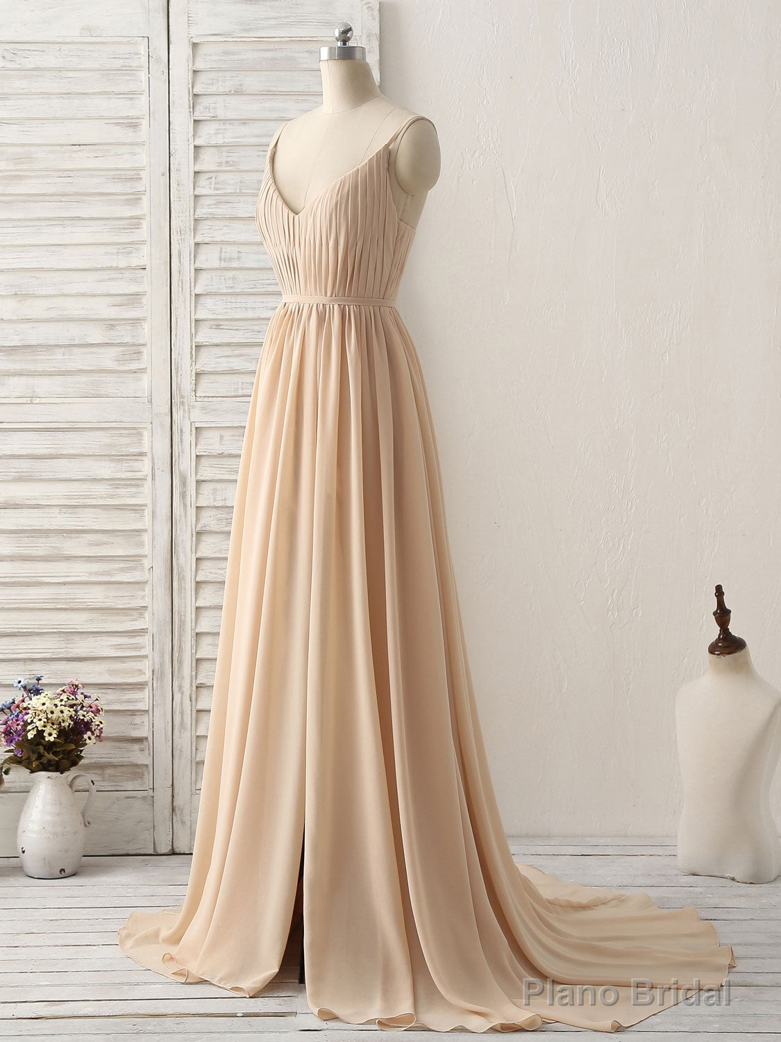 Simple Champagne Long Prom Dresses V Neck Chiffon Bridesmaid Dress Secondary image