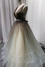 Simple Coffee tulle sequin long Formal Prom dress coffee evening dress