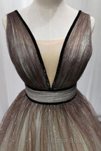Simple Coffee tulle sequin long Formal Prom dress coffee evening dress