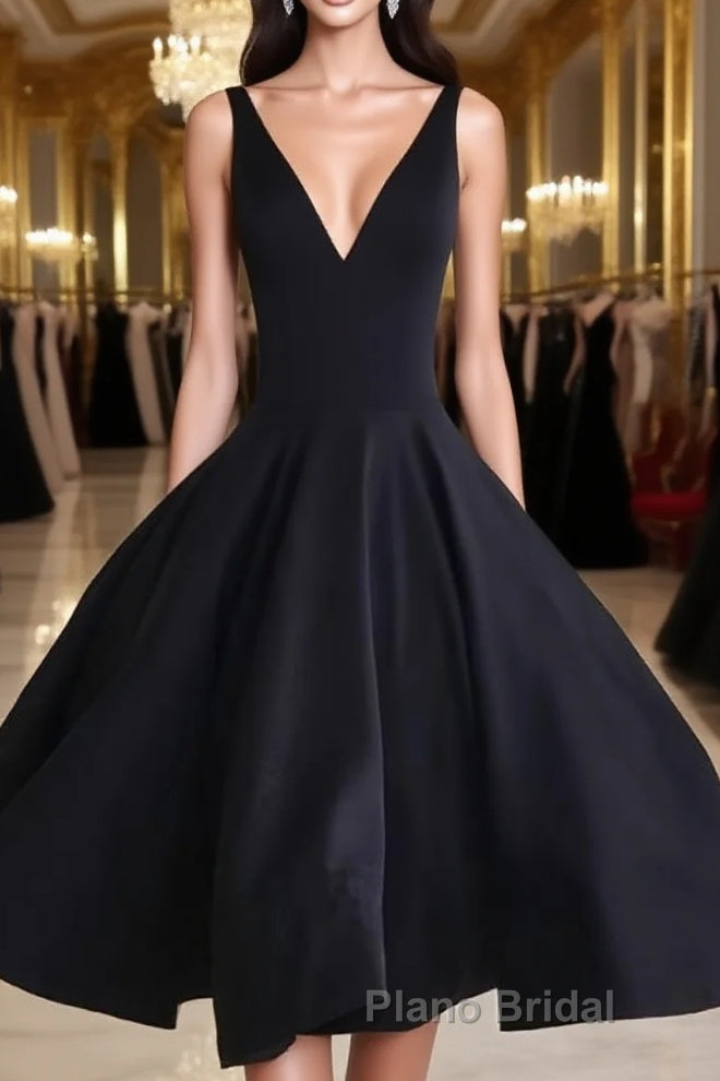 Simple Cute V Neck Short Black Formal Prom Dresses, Cute Black Homecoming Dresses, Graduation Dresses