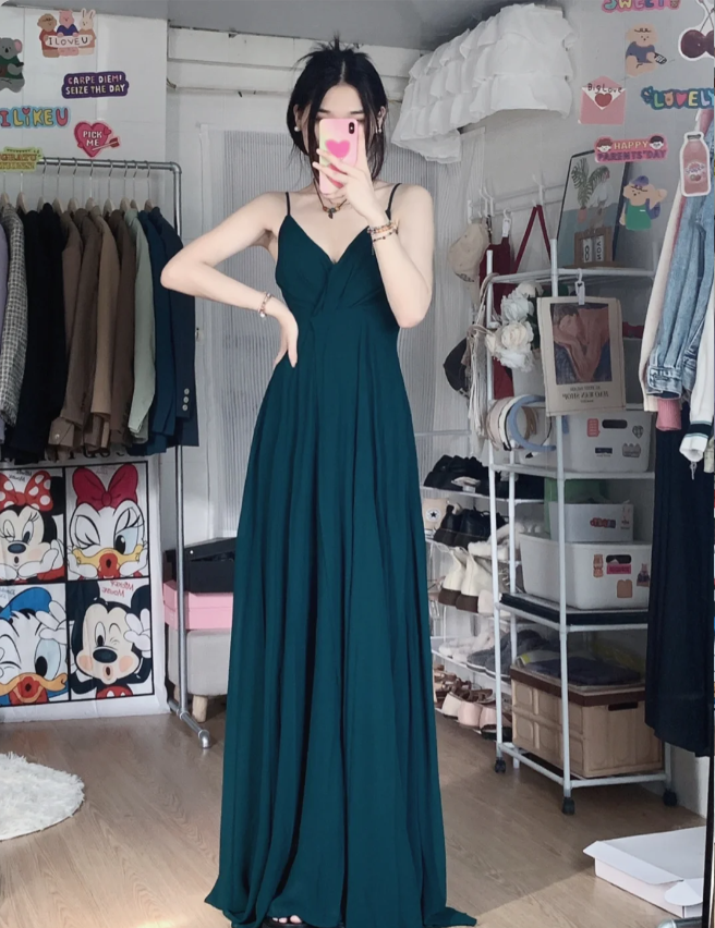 Simple Dark Green A-Line V-Neck Halter Chiffon Long Formal Prom Dresses Bridesmaid Dresses