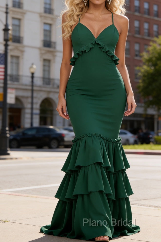 Simple Dark Green Prom Dress A-Line V-Neck Sleeveless Prom Dresses Spaghetti Straps