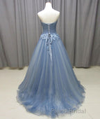 Simple gray blue tulle lace applique long Formal Prom dress, tulle evening dress