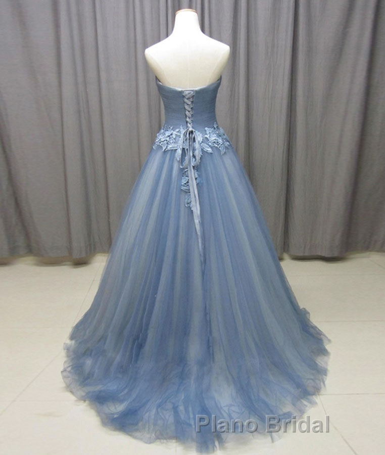 Simple gray blue tulle lace applique long Formal Prom dress, tulle evening dress