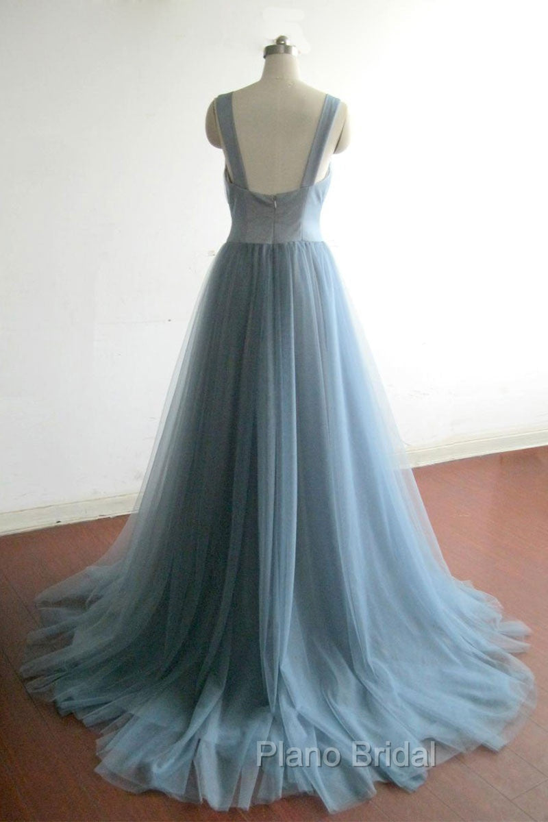 Simple gray blue tulle long Formal Prom Dresses, evening Dresses