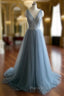 Simple gray blue tulle long Formal Prom Dresses, evening Dresses