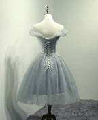 Simple Gray Tulle Short Prom Dress, Gray Tulle Bridesmaid Dress