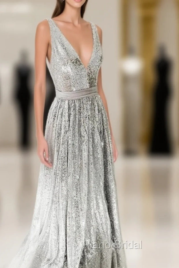Simple Gray V Neck Sequin Long Formal Prom Dresses Gray Formal Dresses Main image