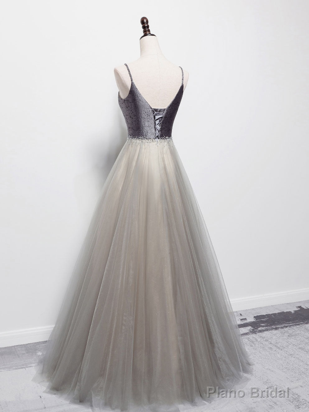 Simple Gray V Neck Tulle Long Prom Dress, Gray A line Gray Formal Dresses Secondary image