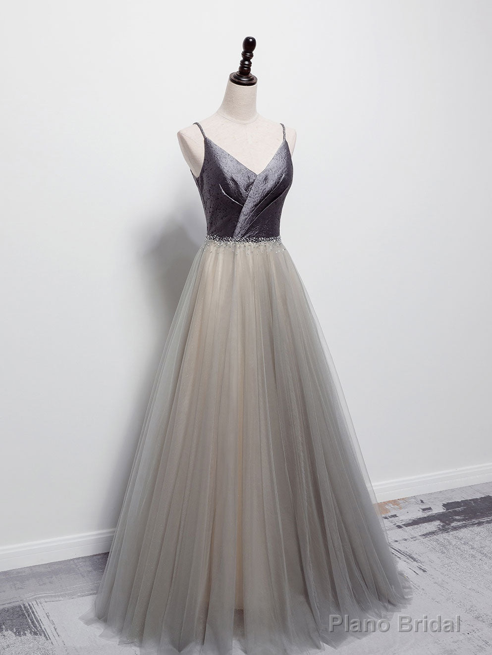 Simple Gray V Neck Tulle Long Prom Dress, Gray A line Gray Formal Dresses Main image