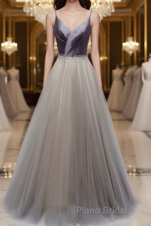 Simple gray v neck tulle long Formal Prom dress, gray tulle formal dress