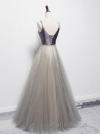 Simple gray v neck tulle long Formal Prom dress, gray tulle formal dress
