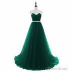 Simple Green Beaded Waist Tulle A-line Floor Length Party Dress, Green Formal Dress