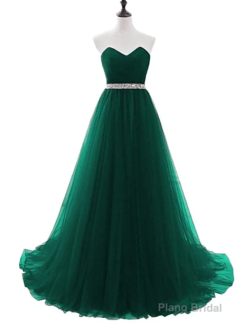 Simple Green Beaded Waist Tulle A-line Floor Length Party Dress, Green Formal Dress Secondary image