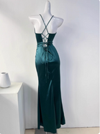 Simple Green Mermaid Pleated Crisscross Sash Slit Satin Long Formal Prom Dresses Bridesmaid Dresses