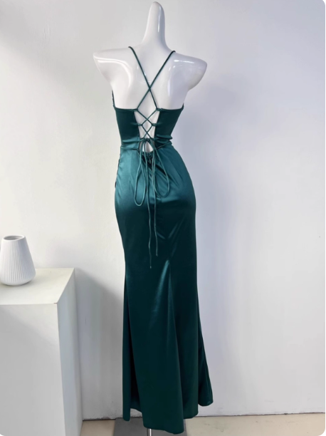 Simple Green Mermaid Pleated Crisscross Sash Slit Satin Long Formal Prom Dresses Bridesmaid Dresses
