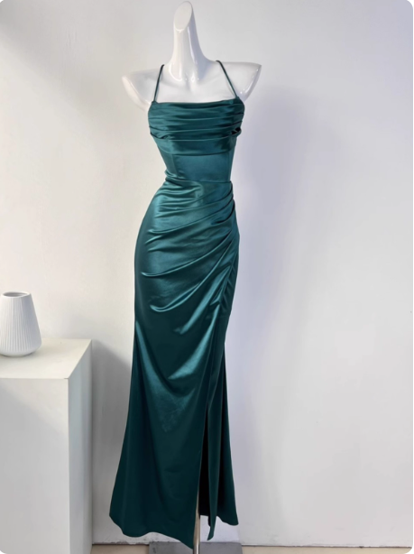 Simple Green Mermaid Pleated Crisscross Sash Slit Satin Long Formal Prom Dresses Bridesmaid Dresses