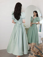 Simple Green V Neck Satin Short Formal Prom Dresses, Green Evening Dresses