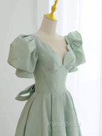 Simple Green V Neck Satin Short Formal Prom Dresses, Green Evening Dresses