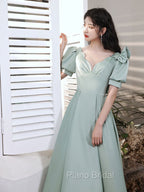 Simple Green V Neck Satin Short Formal Prom Dresses, Green Evening Dresses