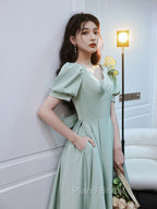 Simple Green V Neck Satin Short Formal Prom Dresses, Green Evening Dresses